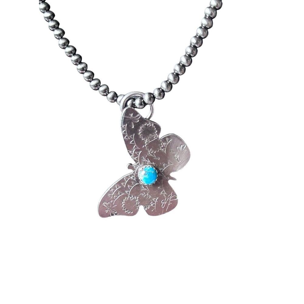 Kingman Turquoise In Sterling Hand Stamped Nickel Silver Butterfly Pendent New - Picture 3 of 4